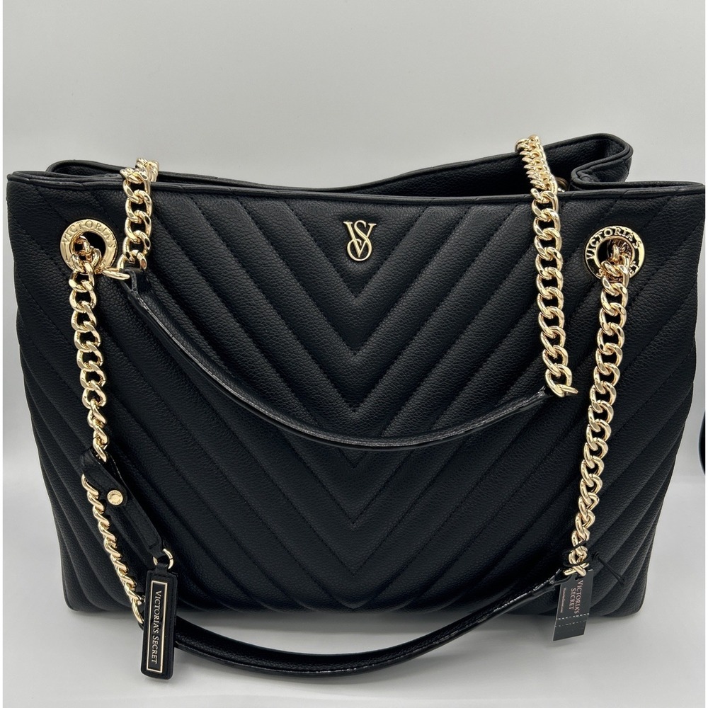 Victoria's Secret Black Chevron Shoulder Bag Quilted Chain Strap Gold Hardware